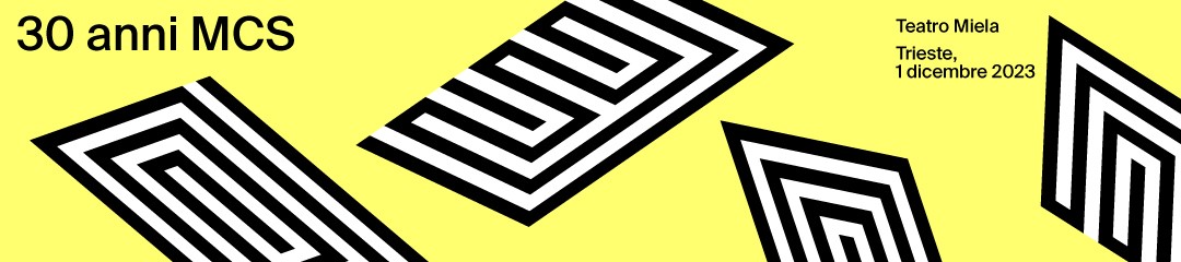 Composizione geometrica con strisce bianche e nere in prospettiva su sfondo giallo, con testo Teatro Miela Trieste, 1 dicembr